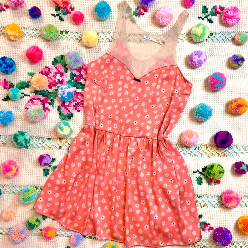 UO Kimchi Blue Coral Pink Nude Mesh Floral Dress M